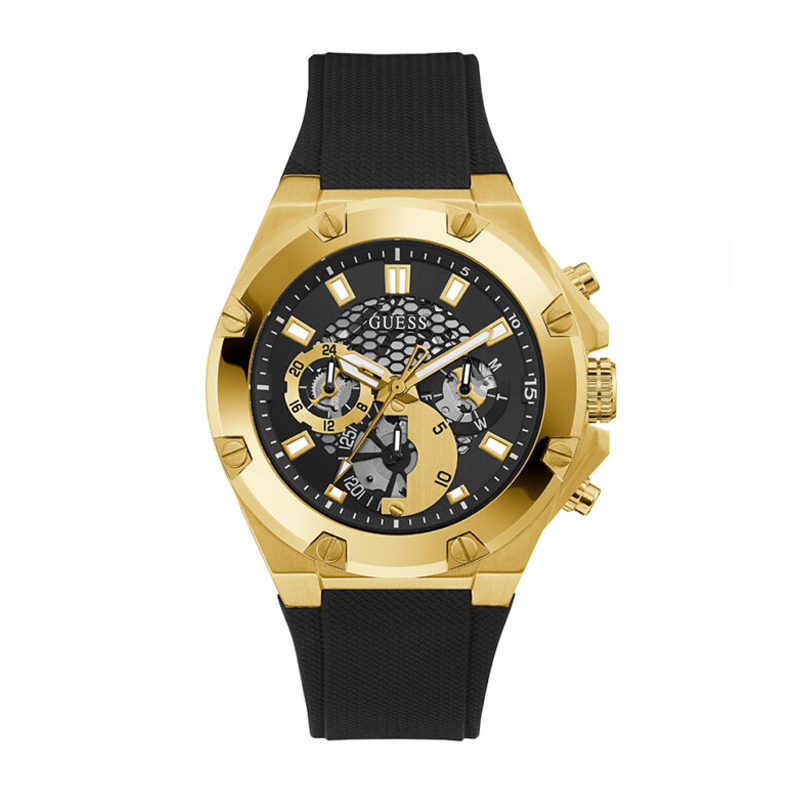 Guess Mens Gold Case Black Multi-Function Dial Black Textured Silicone Strap Watch 46 mm GW0334G2