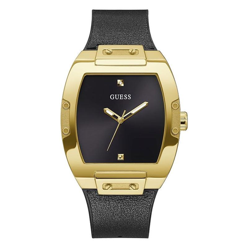 Guess Mens Gold Tone Stainless Steel Case Quartz Sunray Analog Mineral Glass Black Dial Watch 43mm GW0386G3