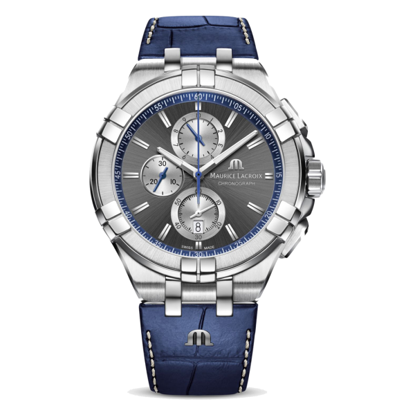 Maurice Lacroix Men’s Chronograph Quartz Blue Leather Strap Dark Grey Dial 44mm Watch AI1018-SS001-333-1
