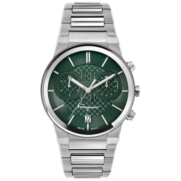 Ferragamo Men’s Swiss Made Quartz Silver Stainless Steel Green Dial 41mm Watch SFME00421