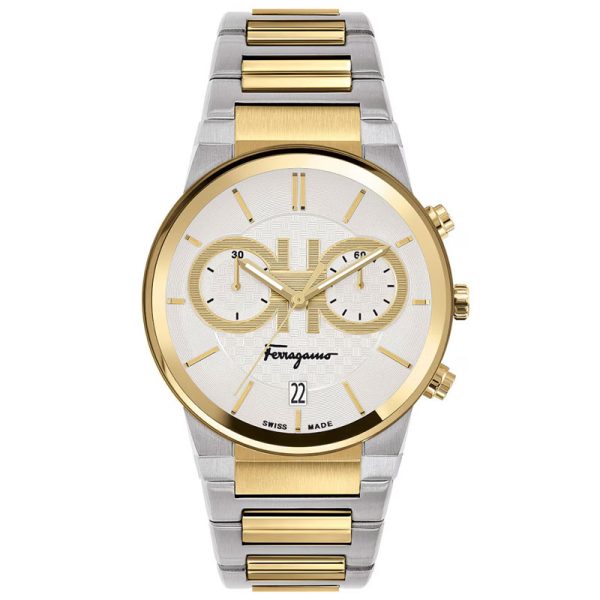 Ferragamo Men’s Swiss Made Quartz Two Tone Stainless Steel White Dial 41mm Watch SFME00821