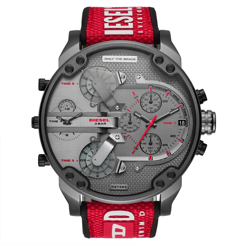 Diesel Men’s Quartz Red Nylon & Silicone Strap Grey Dial 57mm (Four Time zone) Watch DZ7423