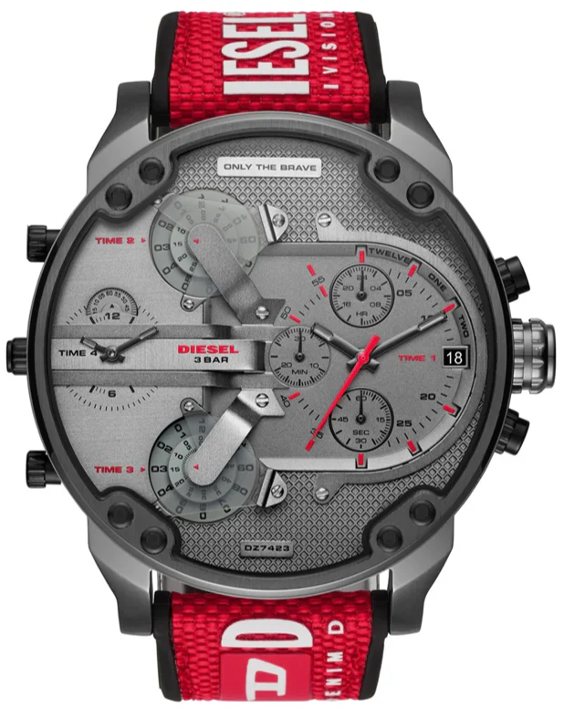 Diesel Men’s Quartz Red Nylon & Silicone Strap Grey Dial 57mm (Four Time zone) Watch DZ7423