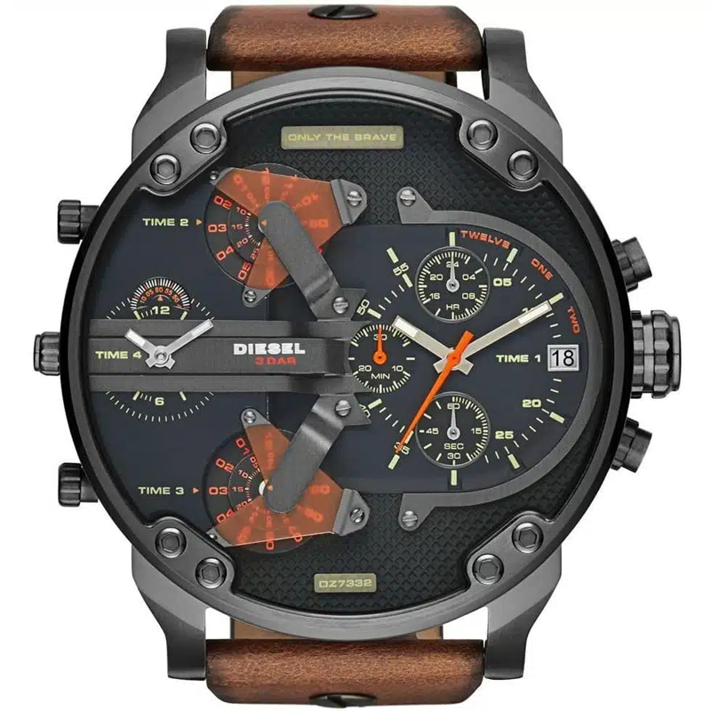 Diesel Men’s Quartz Brown Leather Strap Black Dial 57mm (Four Time zone) Watch DZ7332