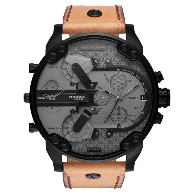 Diesel Men’s Quartz Brown Leather Strap Grey Dial 57mm (Four Time zone) Watch DZ7406