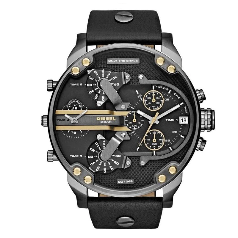 Diesel Men’s Quartz Black Leather Strap Black Dial 57mm (Four Time zone) Watch DZ7348
