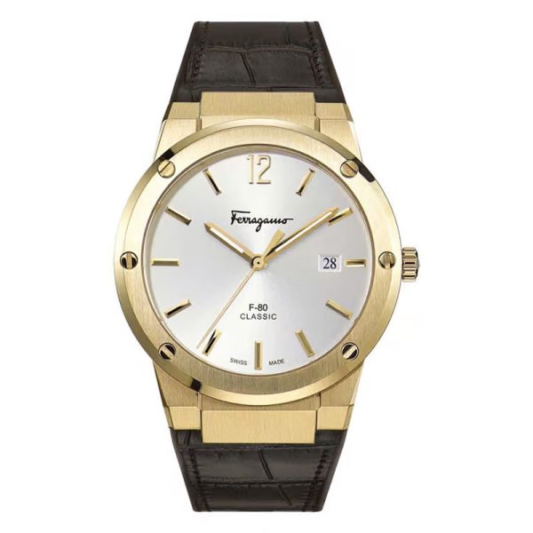 Ferragamo Men’s Swiss Made Quartz Brown Hybrid Strap Silver Dial 41mm Watch SFDT00419