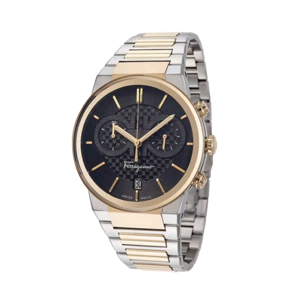 Ferragamo Men’s Swiss Made Quartz Two Tone Stainless Steel Black Dial 41mm Watch SFME00921