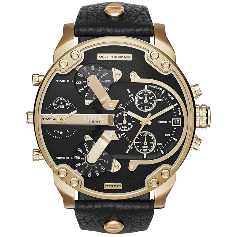 Diesel Men’s Quartz Black Leather Strap Black Dial 57mm (Four Time Zone) Watch DZ7371