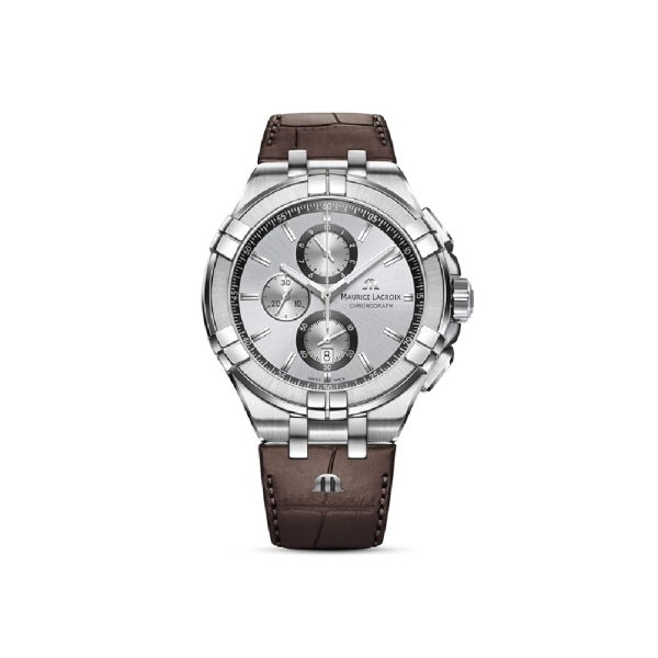Maurice Lacroix Men’s Chronograph Quartz Brown Leather Strap Silver Dial 44mm Watch AI1018-SS001-130-1