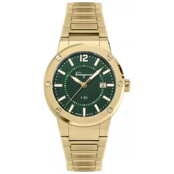 Ferragamo Men’s Swiss Made Quartz Gold Stainless Steel Green Dial 44mm Watch SFHY02921