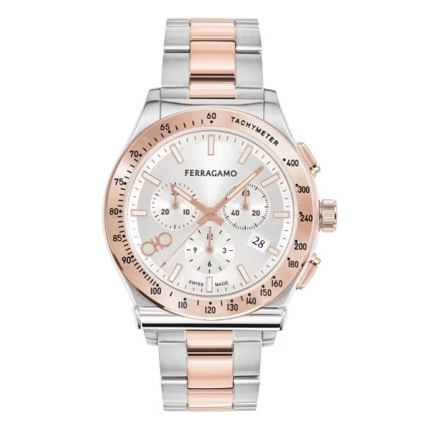 Ferragamo Men’s Swiss Made Quartz Two Tone Stainless Steel Silver Sunray Dial 42mm Watch SFKZ00623