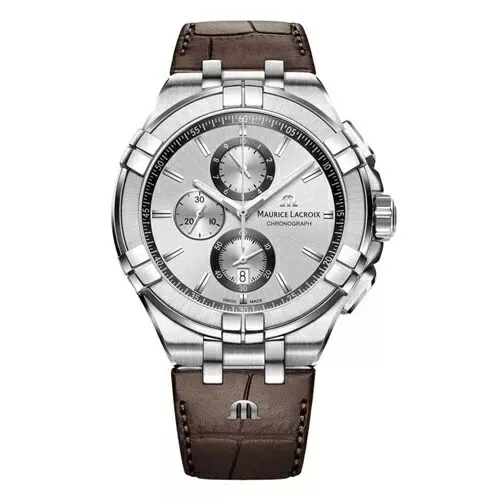 Maurice Lacroix Men’s Chronograph Quartz Brown Leather Strap Silver Dial 44mm Watch AI1018-SS001-130-1